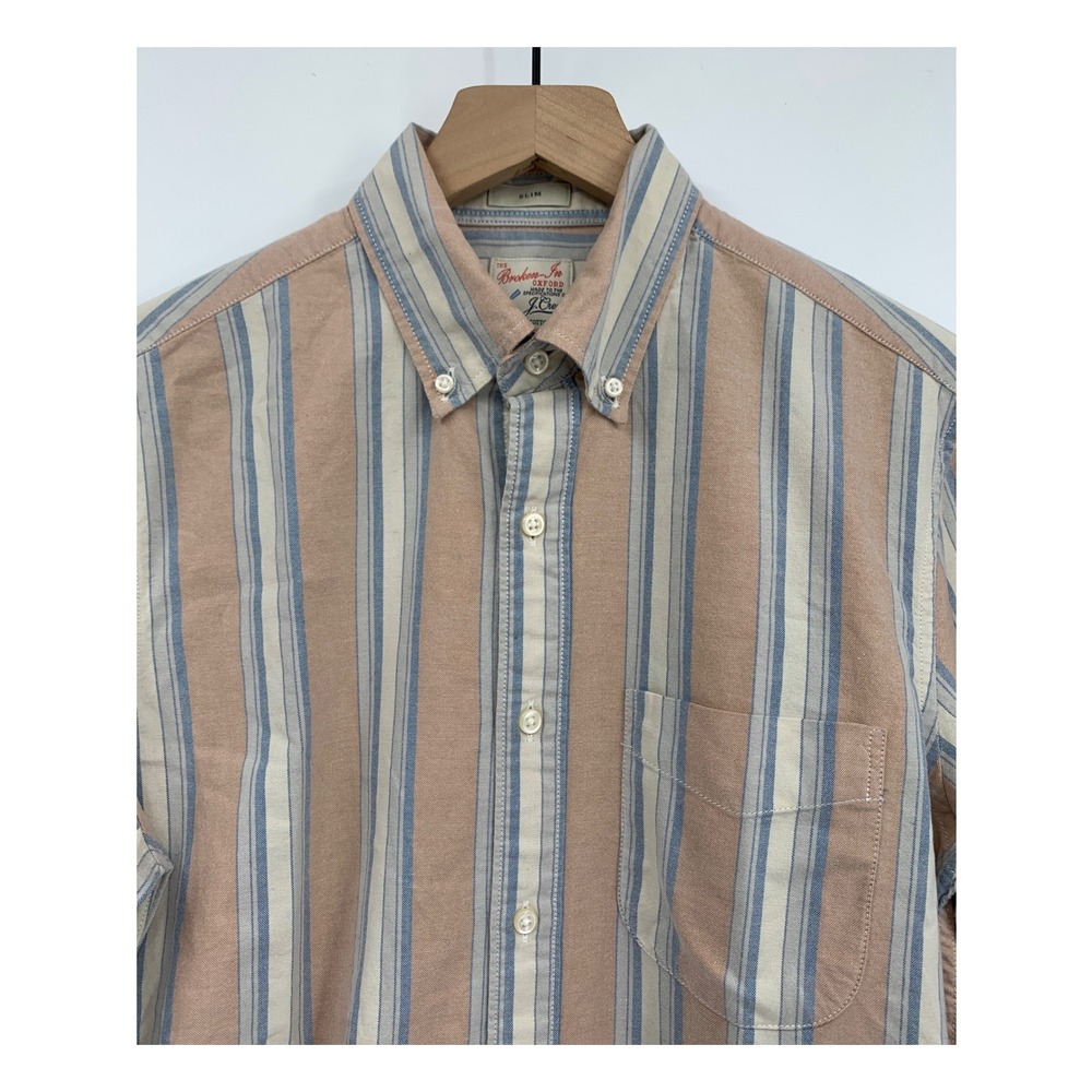 J Crew Broken In Oxford Shirt Men Small Tan Blue Striped Slim Fit Organic Cotton